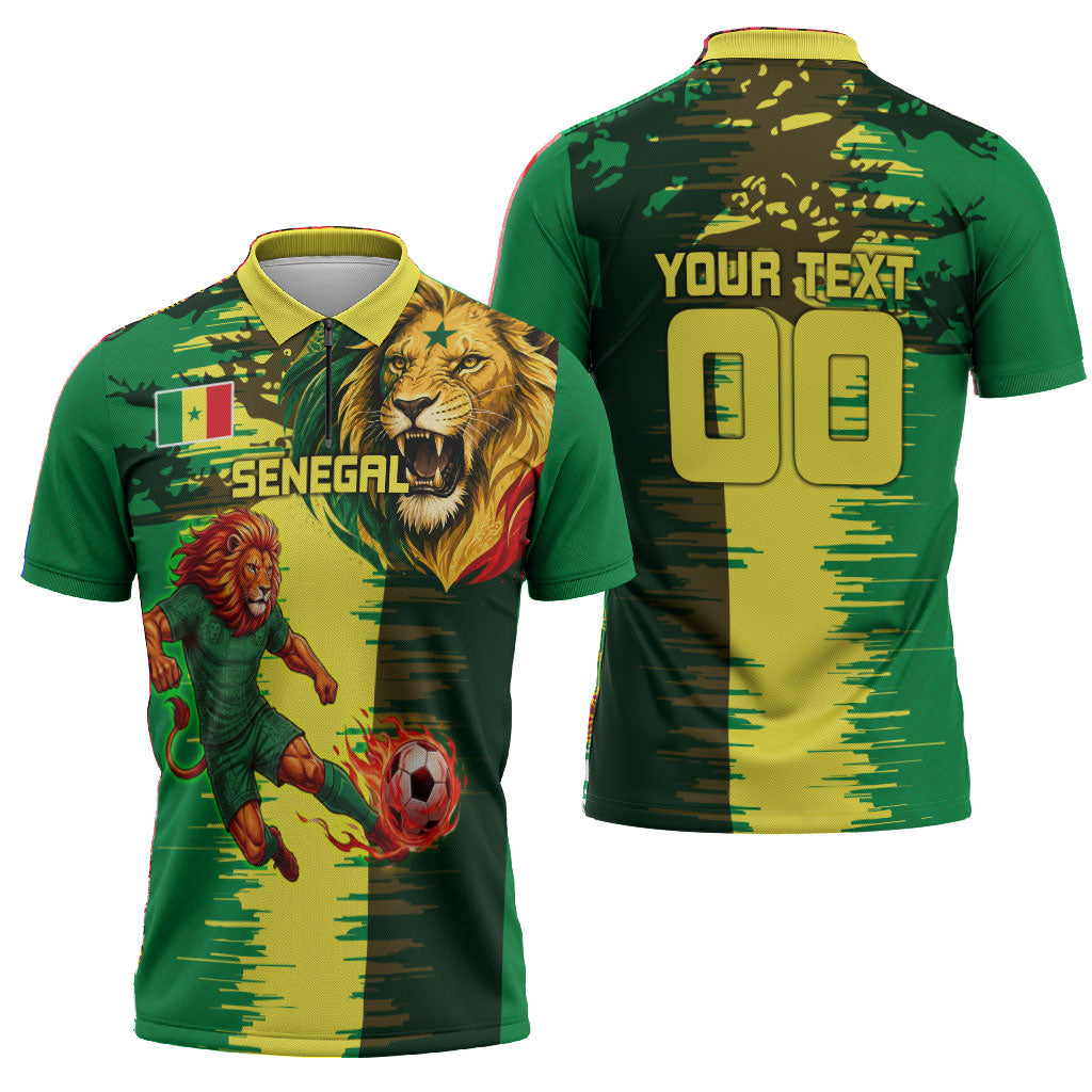Personalized Senegal Football Lion Zipper Polo Shirt Fierce Roaring Lion Soccer Art With Senegal Flag