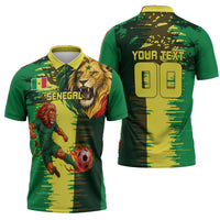 Personalized Senegal Football Lion Zipper Polo Shirt Fierce Roaring Lion Soccer Art With Senegal Flag