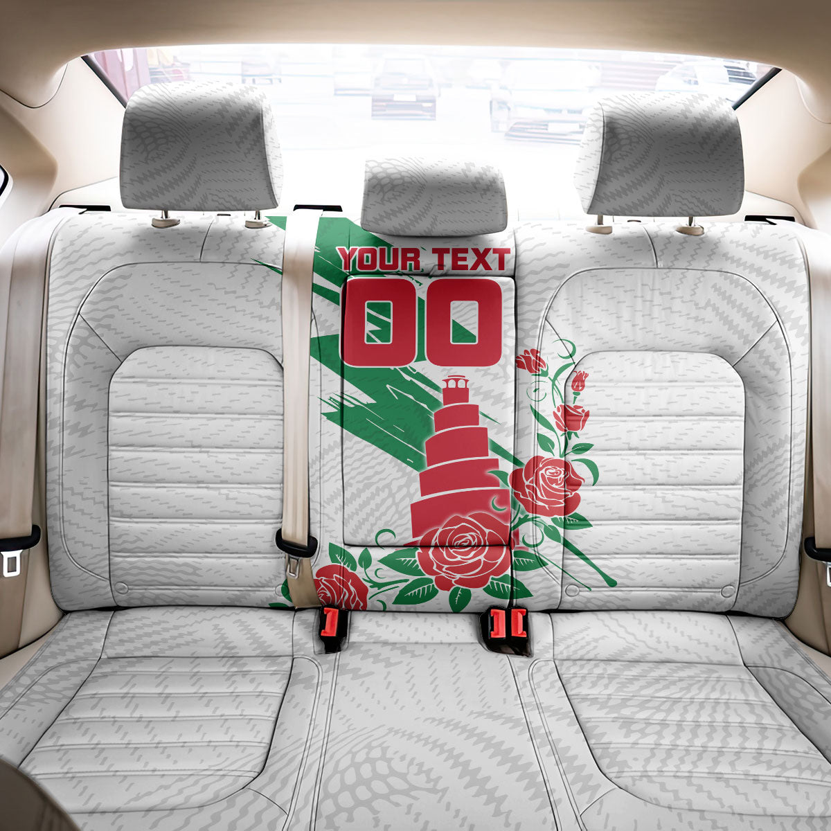 Personalized Iraq Football Back Car Seat Cover Hawk Mascot Soccer - Samarra Tower And Red Roses