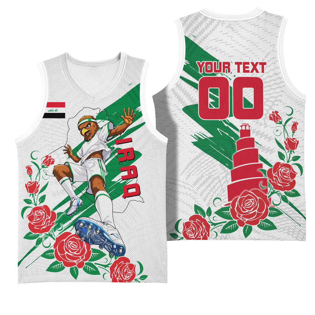 Personalized Iraq Football Basketball Jersey Hawk Mascot Soccer - Samarra Tower And Red Roses