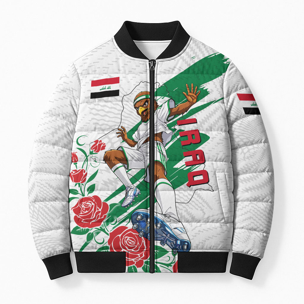 Personalized Iraq Football Bomber Puffer Jacket Hawk Mascot Soccer - Samarra Tower And Red Roses