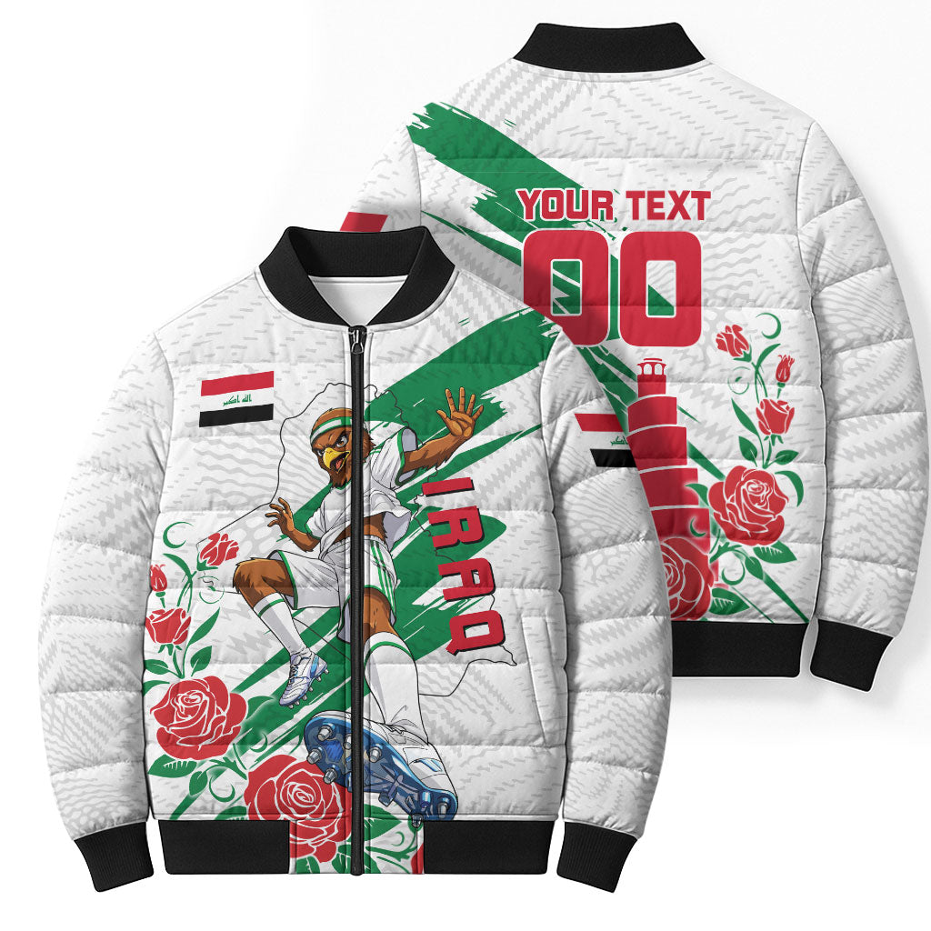Personalized Iraq Football Bomber Puffer Jacket Hawk Mascot Soccer - Samarra Tower And Red Roses