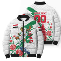 Personalized Iraq Football Bomber Puffer Jacket Hawk Mascot Soccer - Samarra Tower And Red Roses