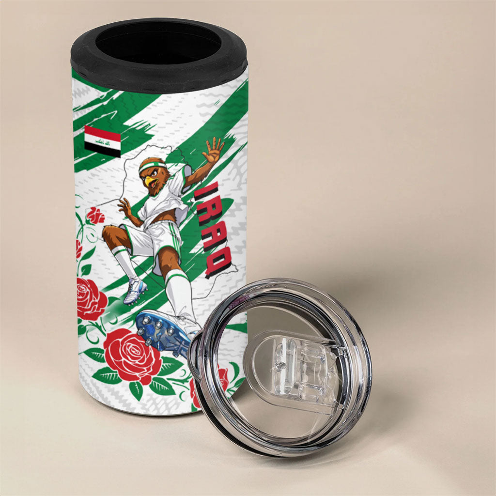 Personalized Iraq Football 4 in 1 Can Cooler Tumbler Hawk Mascot Soccer - Samarra Tower And Red Roses