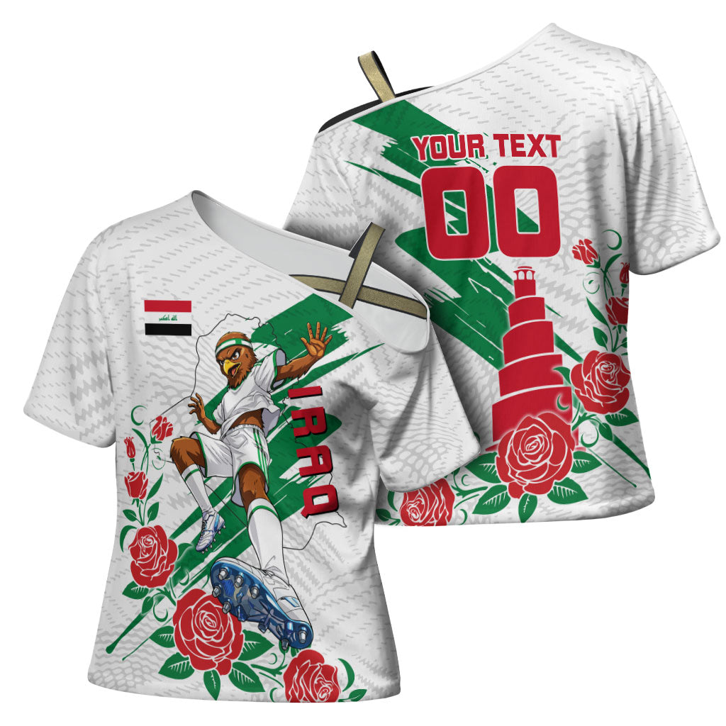 Personalized Iraq Football Cross Shoulder Shirt Hawk Mascot Soccer - Samarra Tower And Red Roses