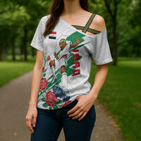 Personalized Iraq Football Cross Shoulder Shirt Hawk Mascot Soccer - Samarra Tower And Red Roses