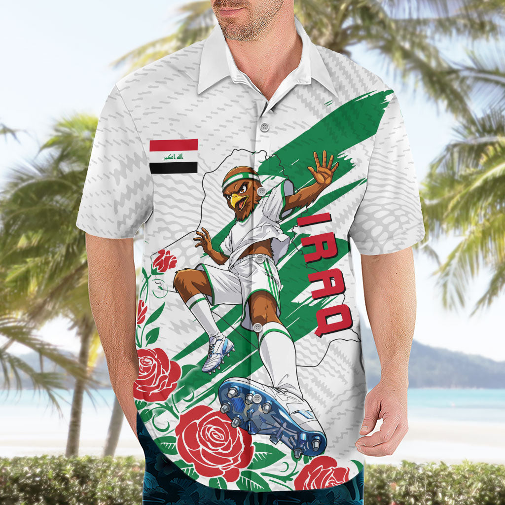 Personalized Iraq Football Hawaiian Shirt Hawk Mascot Soccer - Samarra Tower And Red Roses