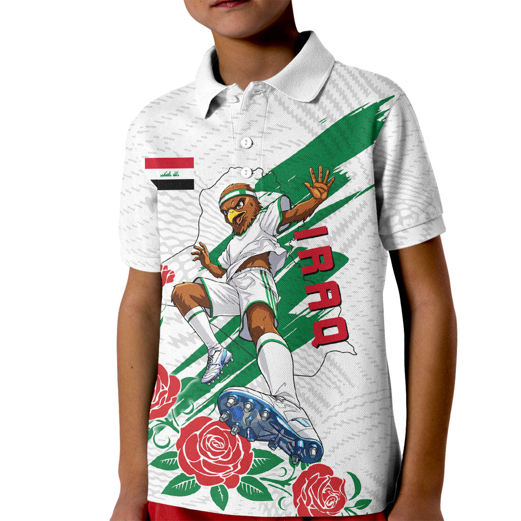 Personalized Iraq Football Kid Polo Shirt Hawk Mascot Soccer - Samarra Tower And Red Roses