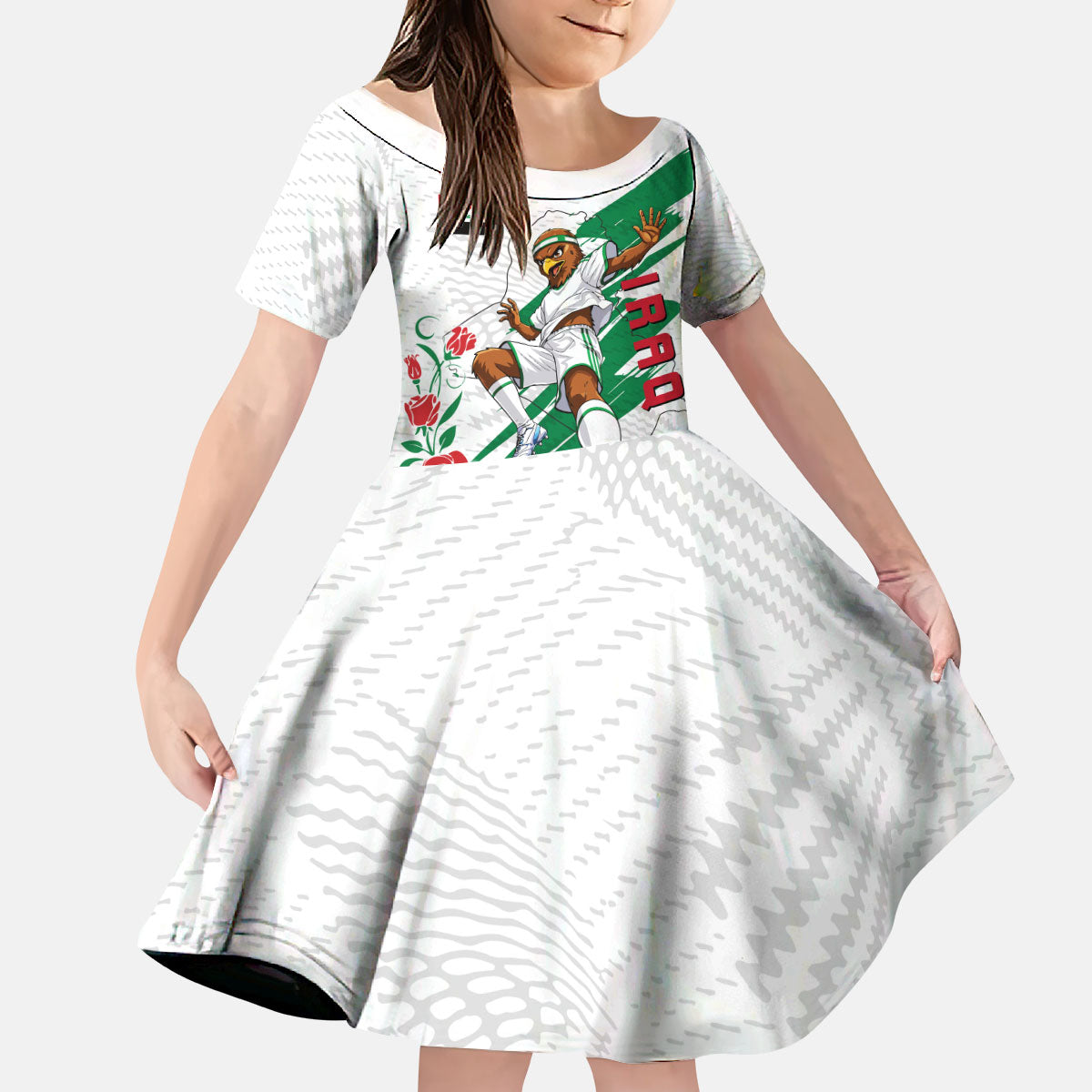 Personalized Iraq Football Kid Short Sleeve Dress Hawk Mascot Soccer - Samarra Tower And Red Roses