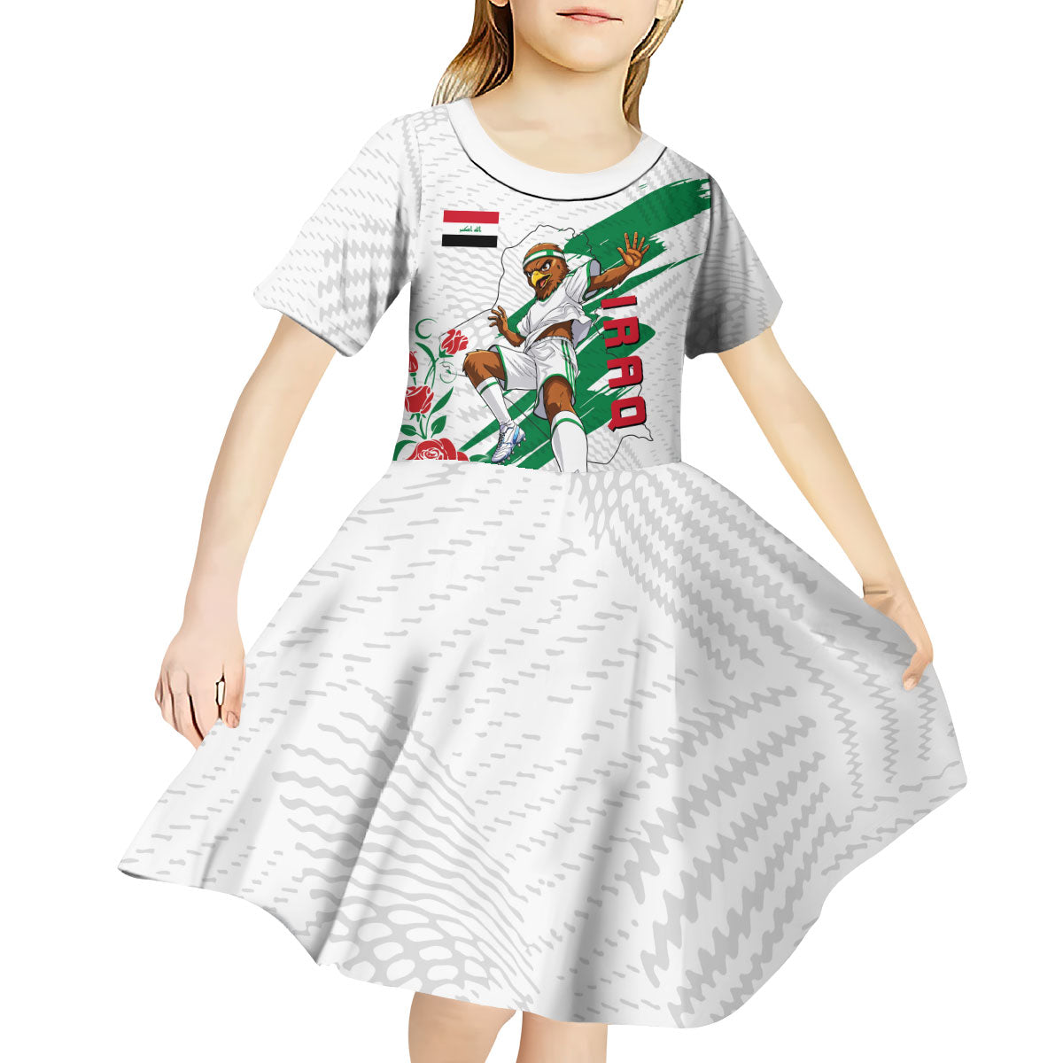 Personalized Iraq Football Kid Short Sleeve Dress Hawk Mascot Soccer - Samarra Tower And Red Roses