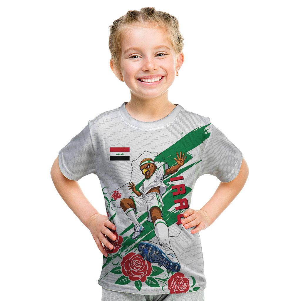 Personalized Iraq Football Kid T Shirt Hawk Mascot Soccer - Samarra Tower And Red Roses