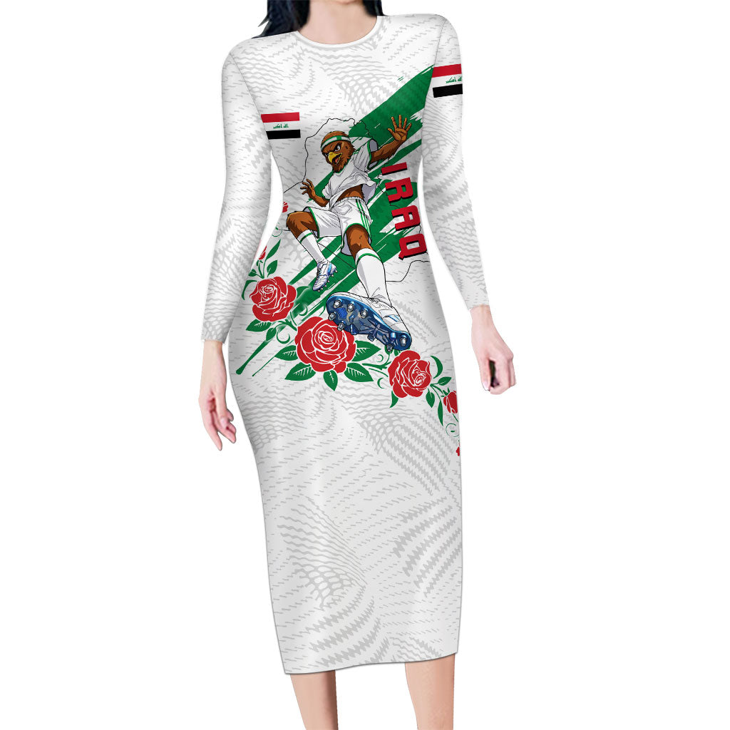 Personalized Iraq Football Long Sleeve Bodycon Dress Hawk Mascot Soccer - Samarra Tower And Red Roses