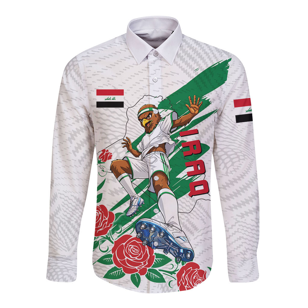 Personalized Iraq Football Long Sleeve Button Shirt Hawk Mascot Soccer - Samarra Tower And Red Roses