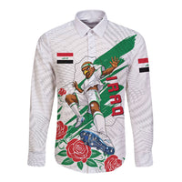 Personalized Iraq Football Long Sleeve Button Shirt Hawk Mascot Soccer - Samarra Tower And Red Roses