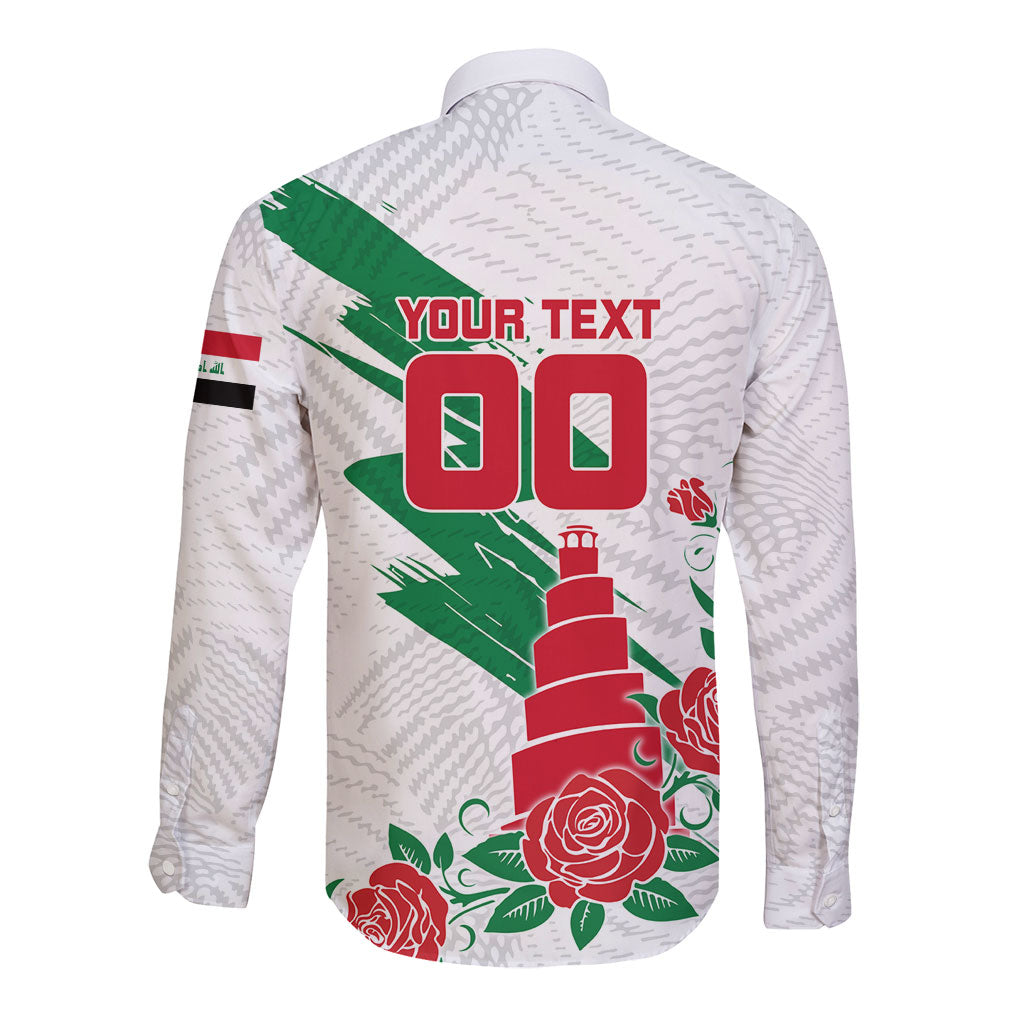 Personalized Iraq Football Long Sleeve Button Shirt Hawk Mascot Soccer - Samarra Tower And Red Roses