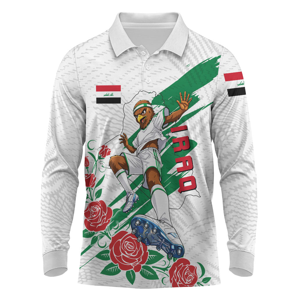 Personalized Iraq Football Long Sleeve Polo Shirt Hawk Mascot Soccer - Samarra Tower And Red Roses