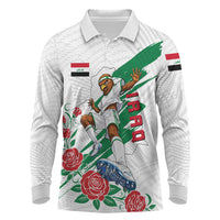 Personalized Iraq Football Long Sleeve Polo Shirt Hawk Mascot Soccer - Samarra Tower And Red Roses
