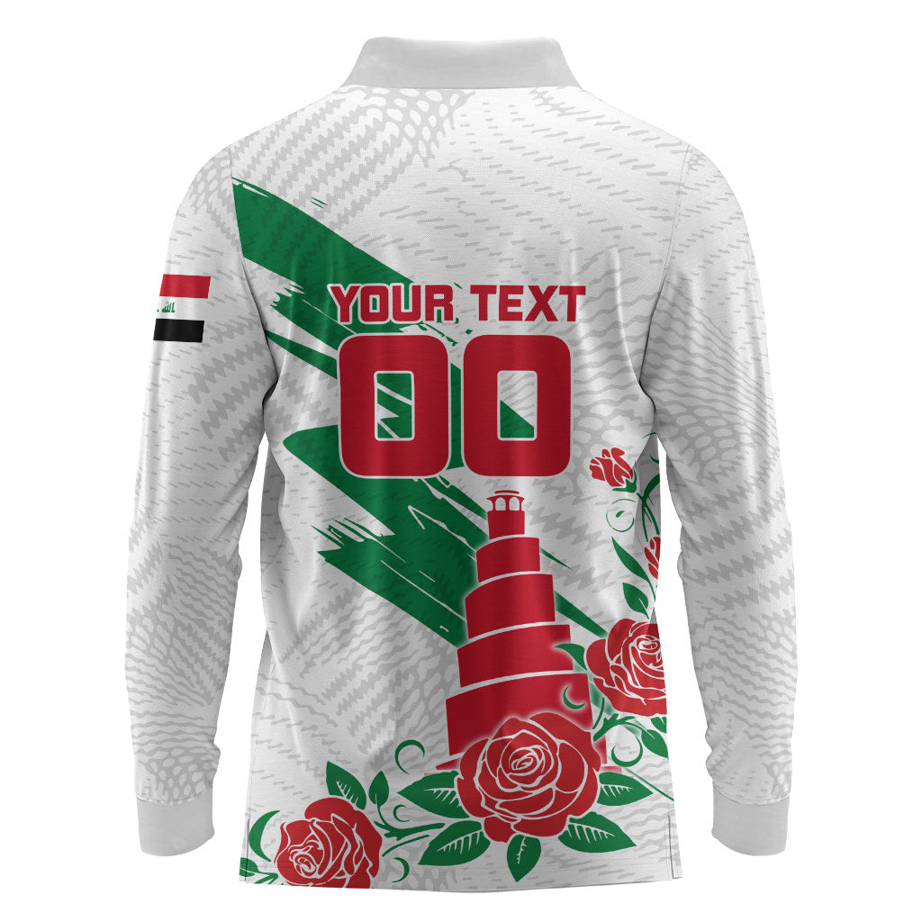 Personalized Iraq Football Long Sleeve Polo Shirt Hawk Mascot Soccer - Samarra Tower And Red Roses