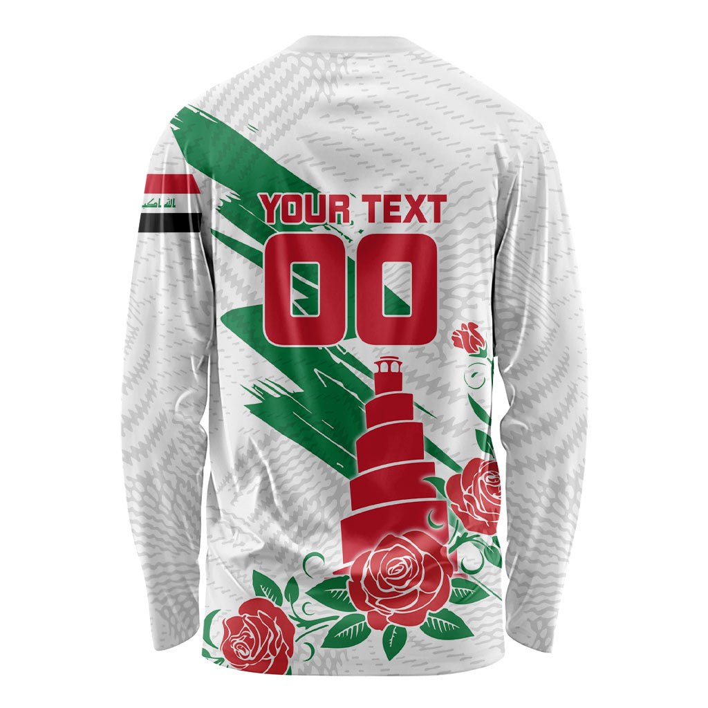 Personalized Iraq Football Long Sleeve Shirt Hawk Mascot Soccer - Samarra Tower And Red Roses