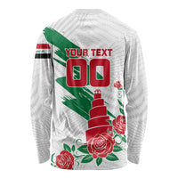 Personalized Iraq Football Long Sleeve Shirt Hawk Mascot Soccer - Samarra Tower And Red Roses
