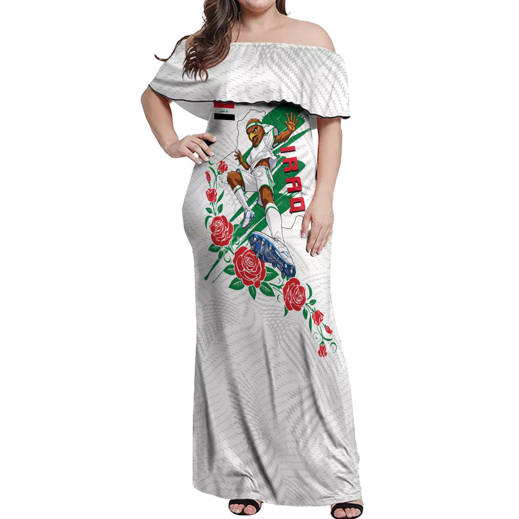 Personalized Iraq Football Off Shoulder Maxi Dress Hawk Mascot Soccer - Samarra Tower And Red Roses