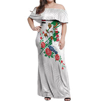Personalized Iraq Football Off Shoulder Maxi Dress Hawk Mascot Soccer - Samarra Tower And Red Roses
