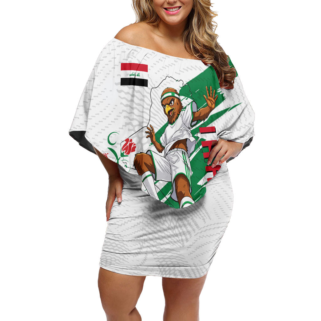 Personalized Iraq Football Off Shoulder Short Dress Hawk Mascot Soccer - Samarra Tower And Red Roses