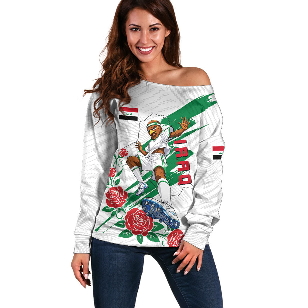 Personalized Iraq Football Off Shoulder Sweater Hawk Mascot Soccer - Samarra Tower And Red Roses