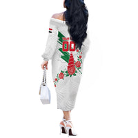 Personalized Iraq Football Off The Shoulder Long Sleeve Dress Hawk Mascot Soccer - Samarra Tower And Red Roses