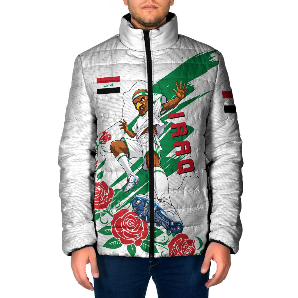 Personalized Iraq Football Padded Jacket Hawk Mascot Soccer - Samarra Tower And Red Roses