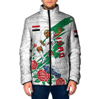 Personalized Iraq Football Padded Jacket Hawk Mascot Soccer - Samarra Tower And Red Roses