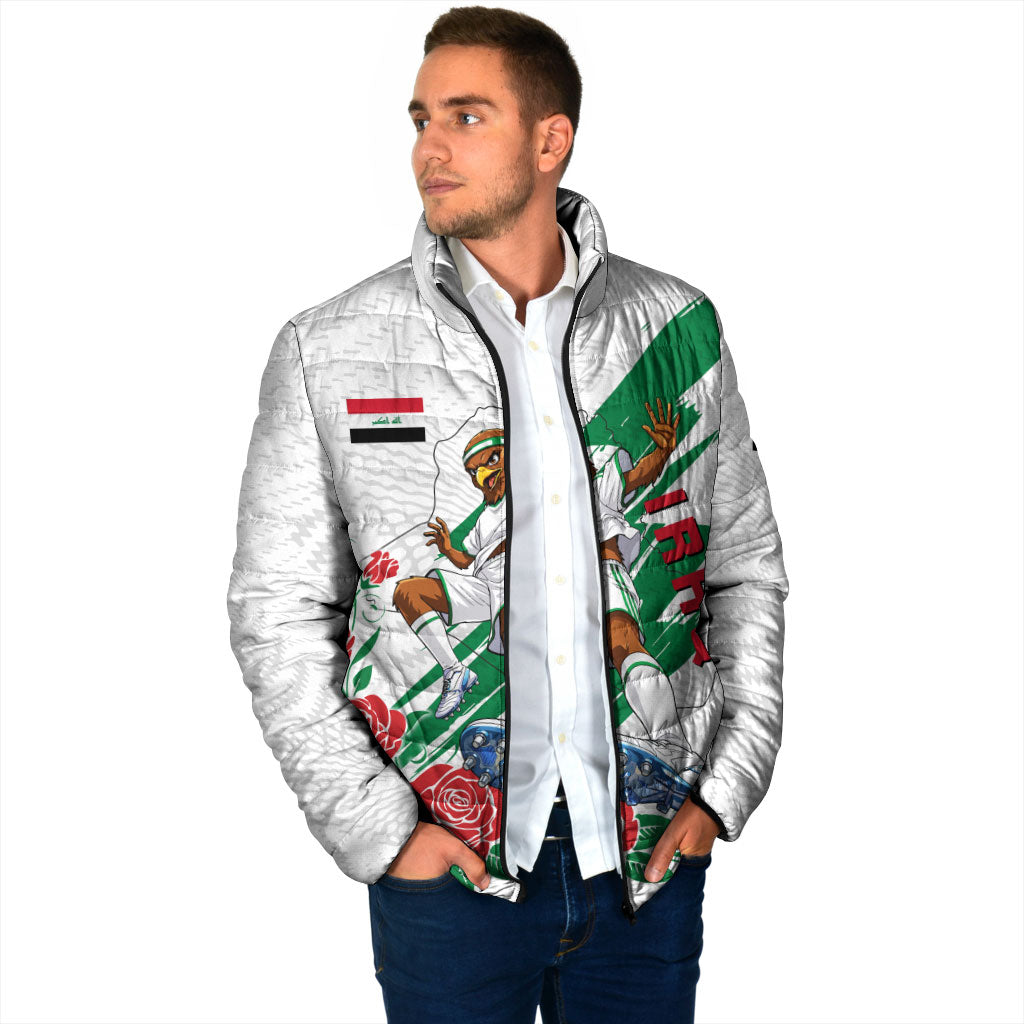 Personalized Iraq Football Padded Jacket Hawk Mascot Soccer - Samarra Tower And Red Roses