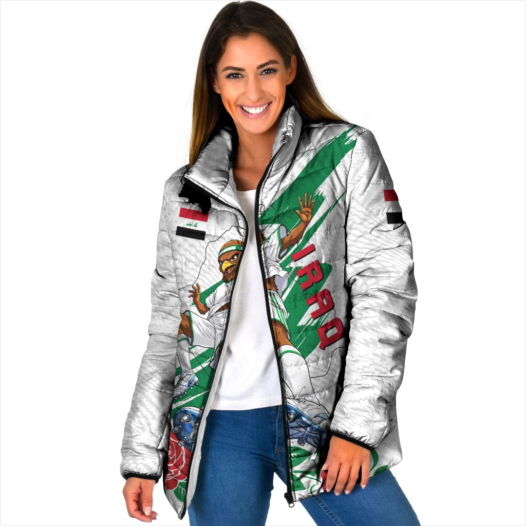 Personalized Iraq Football Padded Jacket Hawk Mascot Soccer - Samarra Tower And Red Roses