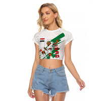 Personalized Iraq Football Raglan Cropped T Shirt Hawk Mascot Soccer - Samarra Tower And Red Roses