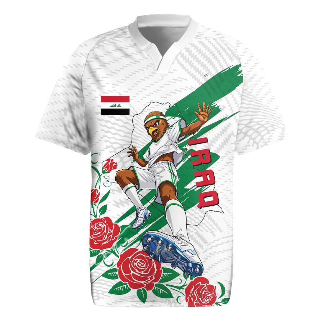 Personalized Iraq Football Rugby Jersey Hawk Mascot Soccer - Samarra Tower And Red Roses