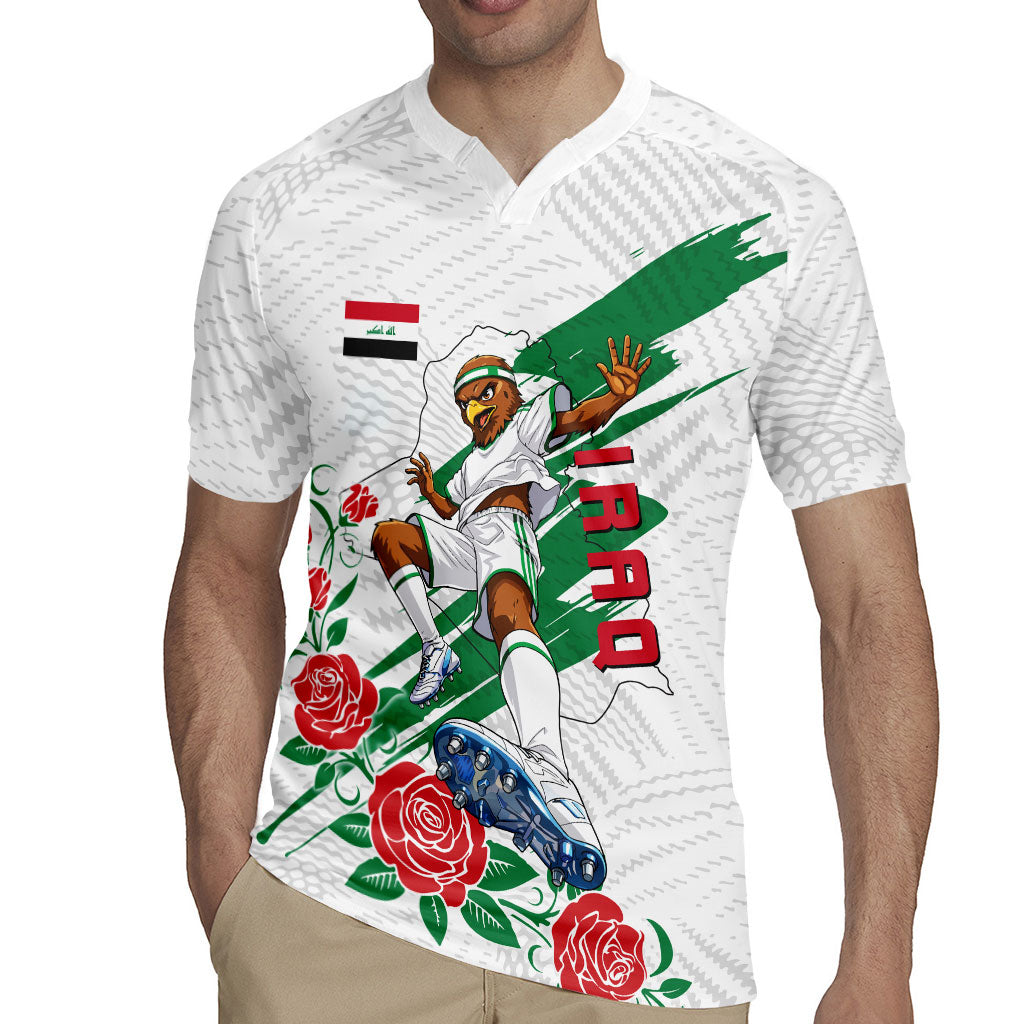 Personalized Iraq Football Rugby Jersey Hawk Mascot Soccer - Samarra Tower And Red Roses