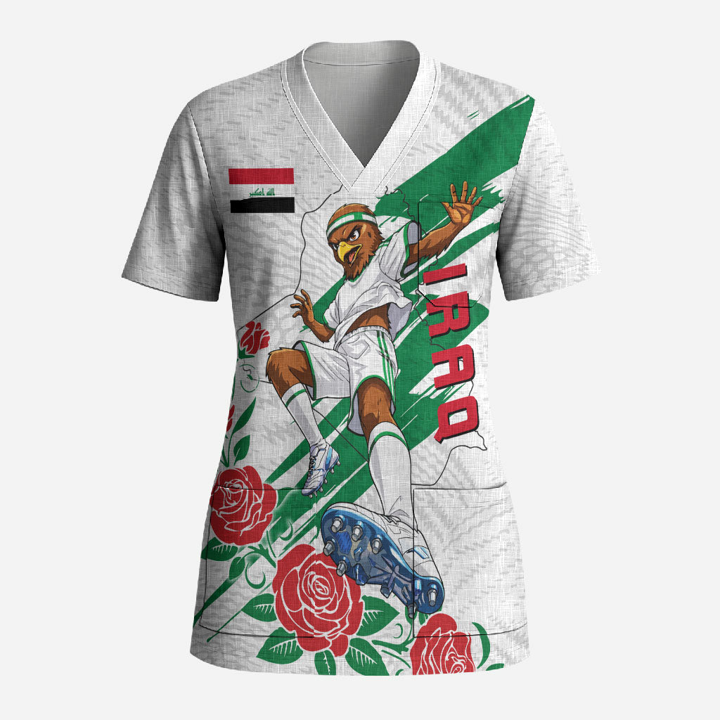 Personalized Iraq Football Scrub Top Hawk Mascot Soccer - Samarra Tower And Red Roses