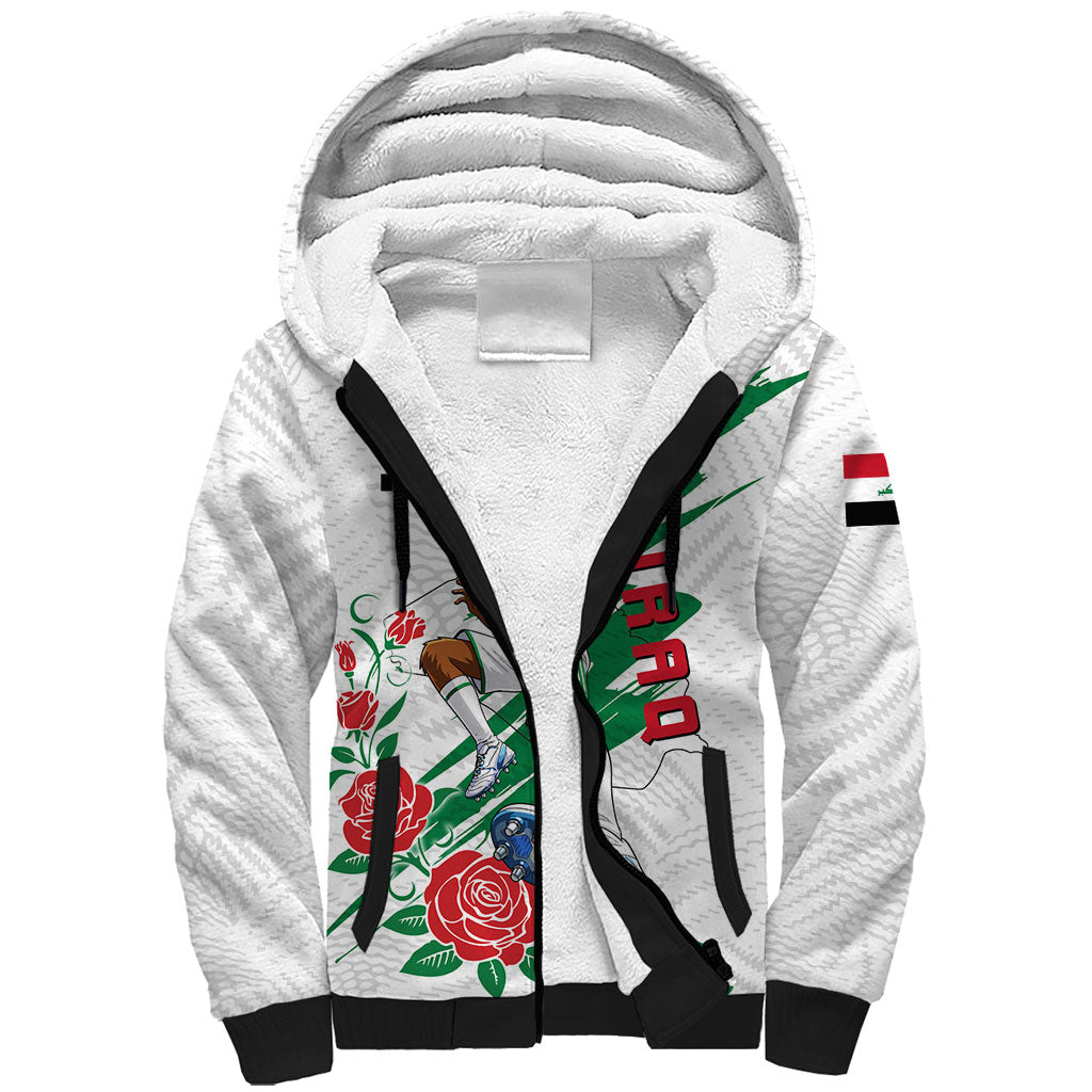 Personalized Iraq Football Sherpa Hoodie Hawk Mascot Soccer - Samarra Tower And Red Roses