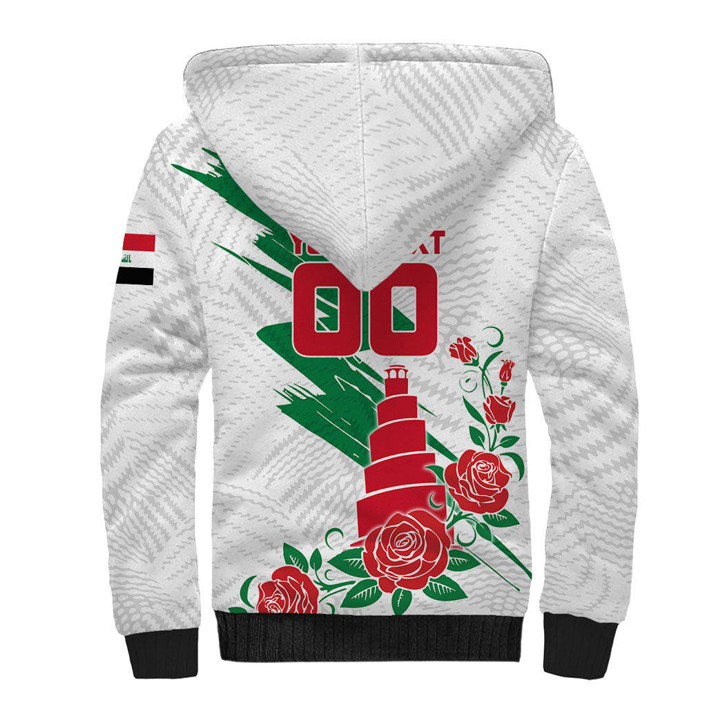 Personalized Iraq Football Sherpa Hoodie Hawk Mascot Soccer - Samarra Tower And Red Roses