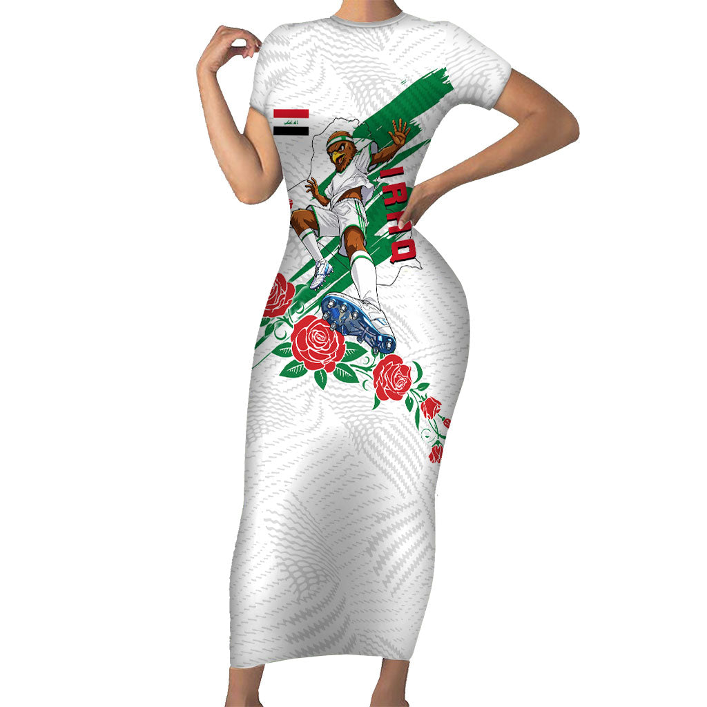 Personalized Iraq Football Short Sleeve Bodycon Dress Hawk Mascot Soccer - Samarra Tower And Red Roses