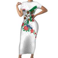 Personalized Iraq Football Short Sleeve Bodycon Dress Hawk Mascot Soccer - Samarra Tower And Red Roses