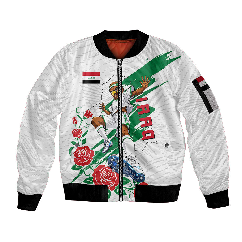 Personalized Iraq Football Sleeve Zip Bomber Jacket Hawk Mascot Soccer - Samarra Tower And Red Roses