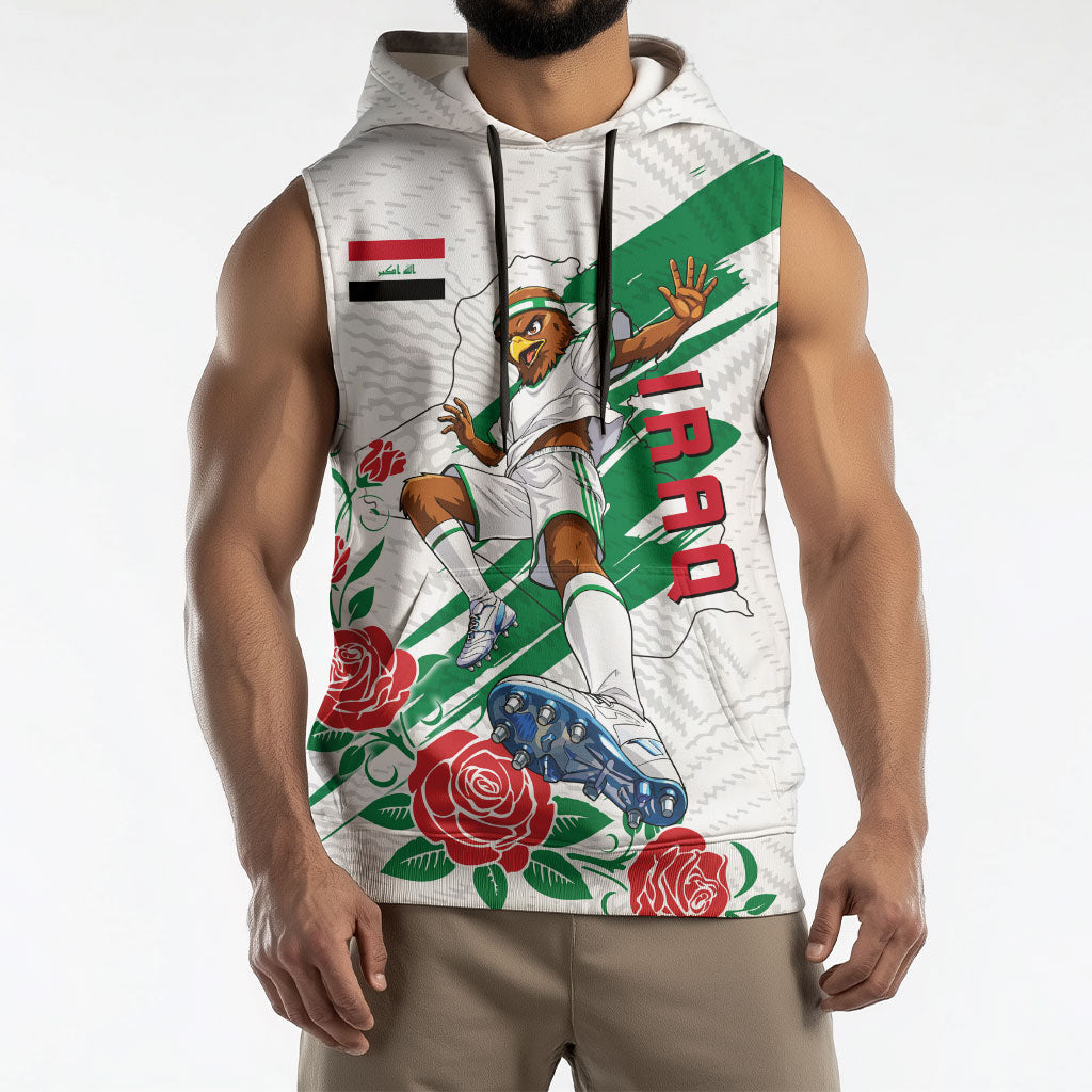 Personalized Iraq Football Sleeveless Hoodie Hawk Mascot Soccer - Samarra Tower And Red Roses