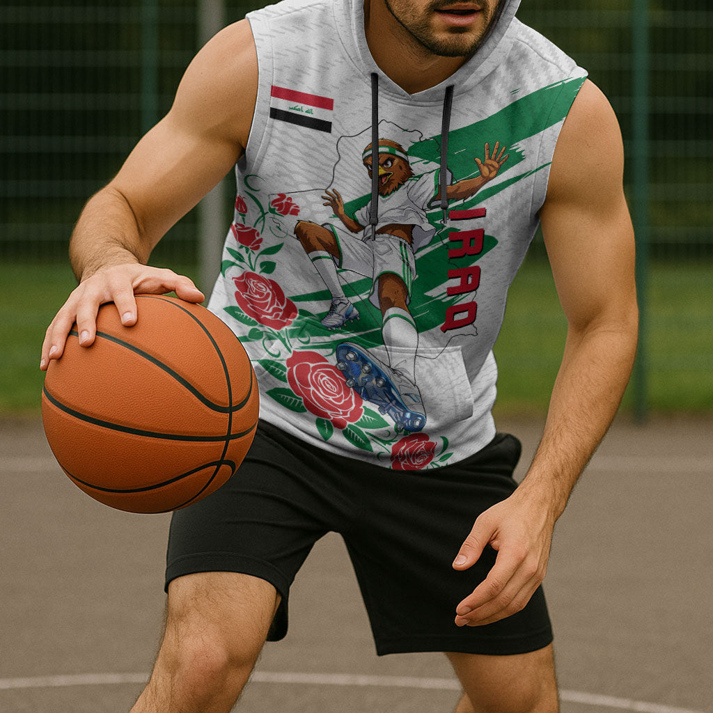 Personalized Iraq Football Sleeveless Hoodie Hawk Mascot Soccer - Samarra Tower And Red Roses
