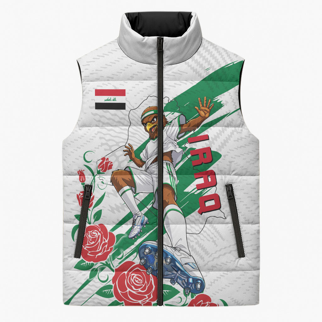 Personalized Iraq Football Sleeveless Puffer Jacket Hawk Mascot Soccer - Samarra Tower And Red Roses