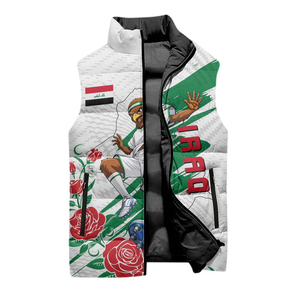 Personalized Iraq Football Sleeveless Puffer Jacket Hawk Mascot Soccer - Samarra Tower And Red Roses