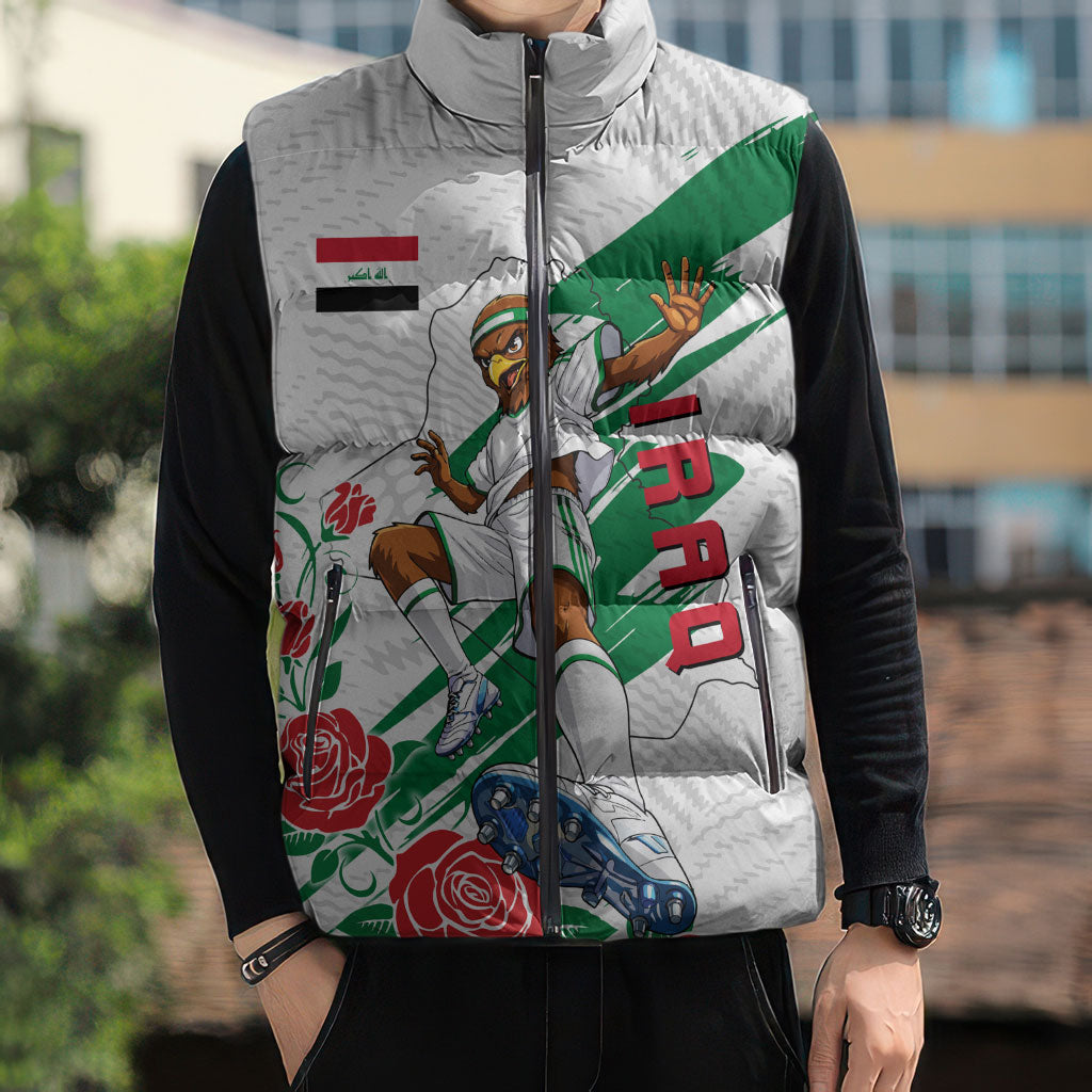 Personalized Iraq Football Sleeveless Puffer Jacket Hawk Mascot Soccer - Samarra Tower And Red Roses