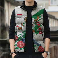 Personalized Iraq Football Sleeveless Puffer Jacket Hawk Mascot Soccer - Samarra Tower And Red Roses