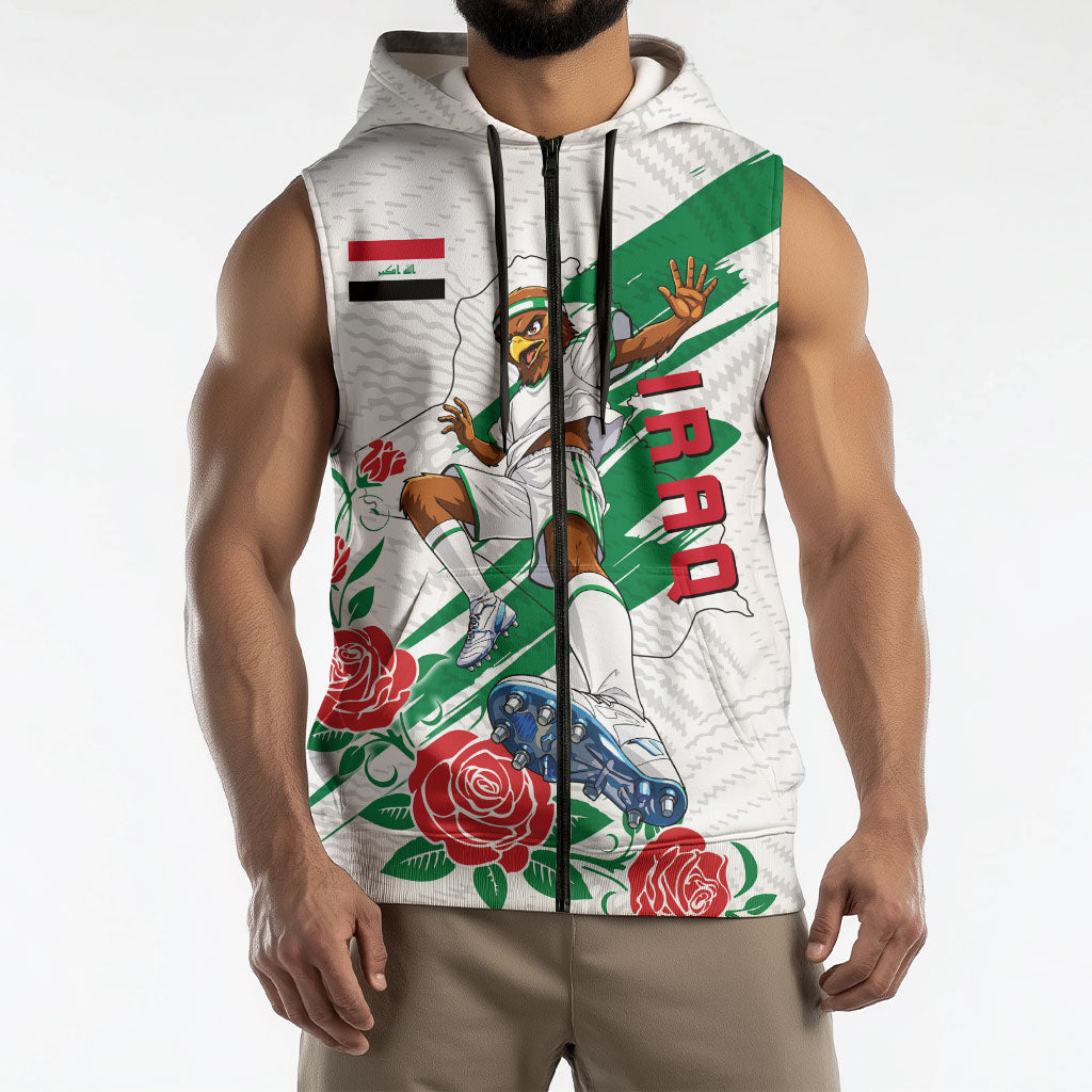 Personalized Iraq Football Sleeveless Zip Hoodie Hawk Mascot Soccer - Samarra Tower And Red Roses
