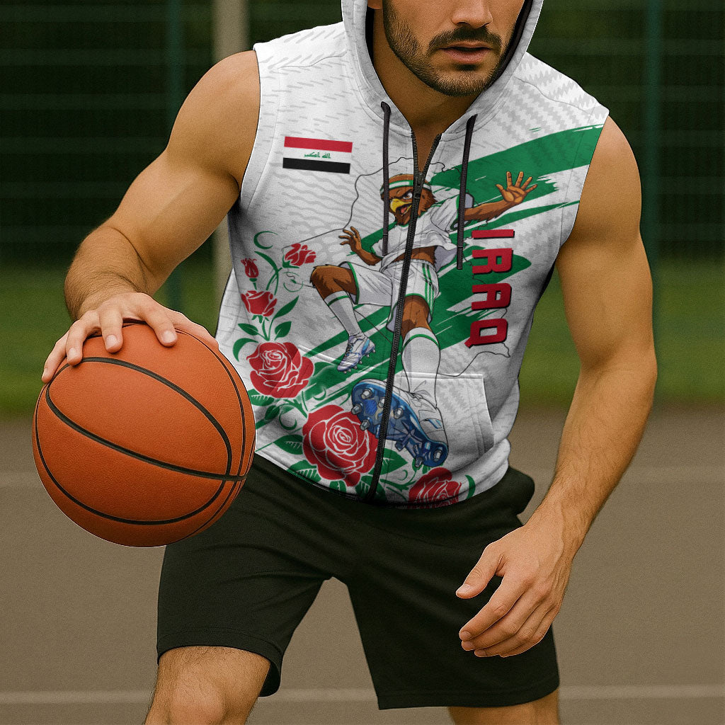 Personalized Iraq Football Sleeveless Zip Hoodie Hawk Mascot Soccer - Samarra Tower And Red Roses